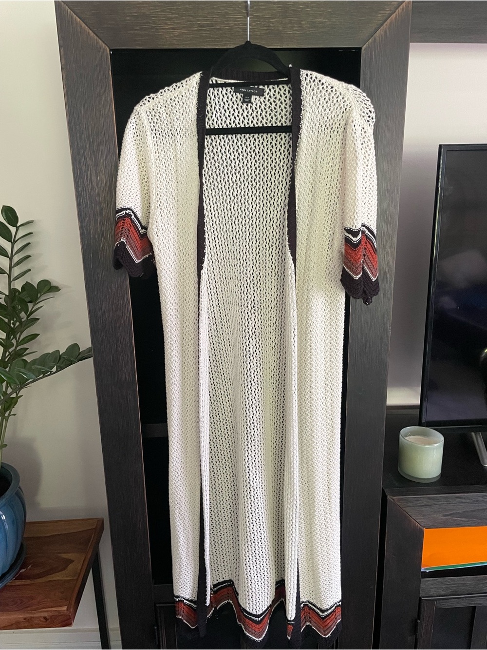 Ann Taylor Open Knit Long Duster Cardigan with Chevron Trim